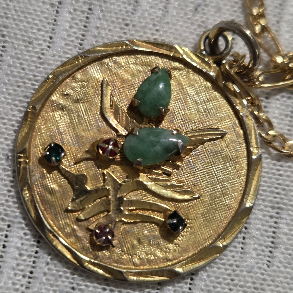 Vintage Chinese Gold-Tone Pendant Necklace with Green & Red Gem Accents